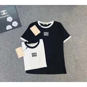 MIUMIU 2025 été nouveau col rond contraste couleur lettre imprimer lâche manches courtes T-shirt-258  